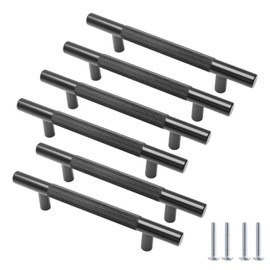 Cjueiom 6 Pack Matt Black Cupboard Handles 96mm Hole Center T Bar Handles, Knurled Drawer Handles Long Wardrobe Door Handles Pulls with Diamond Pattern, Kitchen Cabinet Handles for Bedroom Drawer