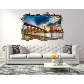 Manhattan Bridge NY Landscape - 3D Smashed Effect Series - Wall Decal for Home Bedroom Living Room (Wide 20"x13" Height)