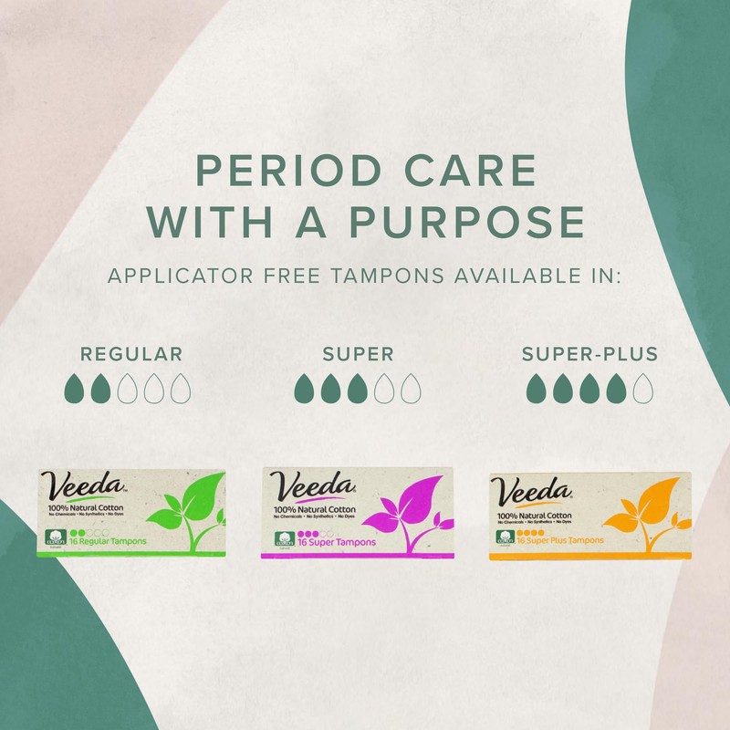 Veeda 100% Natural Cotton Tampons Super Absorbency - Non-Applicator Tampons