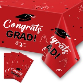 Slergut Red Graduation Tablecloth, 3 Pack, 54"x108" Plastic, Rectangular, Waterproof, Splash-proof, Colorfast, Congrats Grad Decorations, Graduation Party Supplies