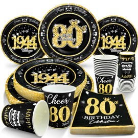 algpty 80th Birthday Decorations Black and Gold, Service for 30, Vintage 80th Birthday Party Supplies Includes Black Vintage 1944 Plates, Napkins, Cups 80th Birthday Plates and Napkins for Men Women