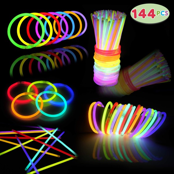 144 PCs Glow Sticks Bulk for Glowstick Party Favors, Colorful Neon Glow in The Dark Necklace & Bracelet Supplies, Birthday Christmas Halloween Party Disco Supplies, 4th of July & Independent Day
