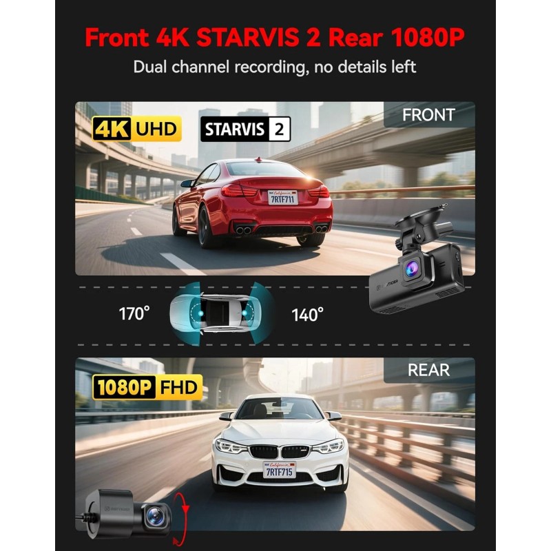 REDTIGER F7NT 128G Dash Camera 4K Front and Rear,Touch Screen