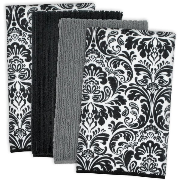 DII Microfiber Multi-Purpose Cleaning Towels Perfect for Kitchens, Dishes, Car, Dusting, Drying Rags, 16 x 19", Set of 4 - Black Damask