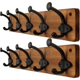 WEBI Rustic Coat Rack Wall Mount,5 Cast Iron Coat Hooks Wall Mounted,Heavy Duty Antique Vintage Hooks for Hanging Coats,Jacket,Clothes,Brown,2 Packs