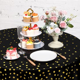 Newwiee 4 Pcs Round Dot Tablecloth 84 Inch Plastic Polka Dot Table Cover Disposable Dots Confetti Tablecloths for Graduation Bridal Shower Anniversary Wedding Birthday Party Decor (Black,Gold)