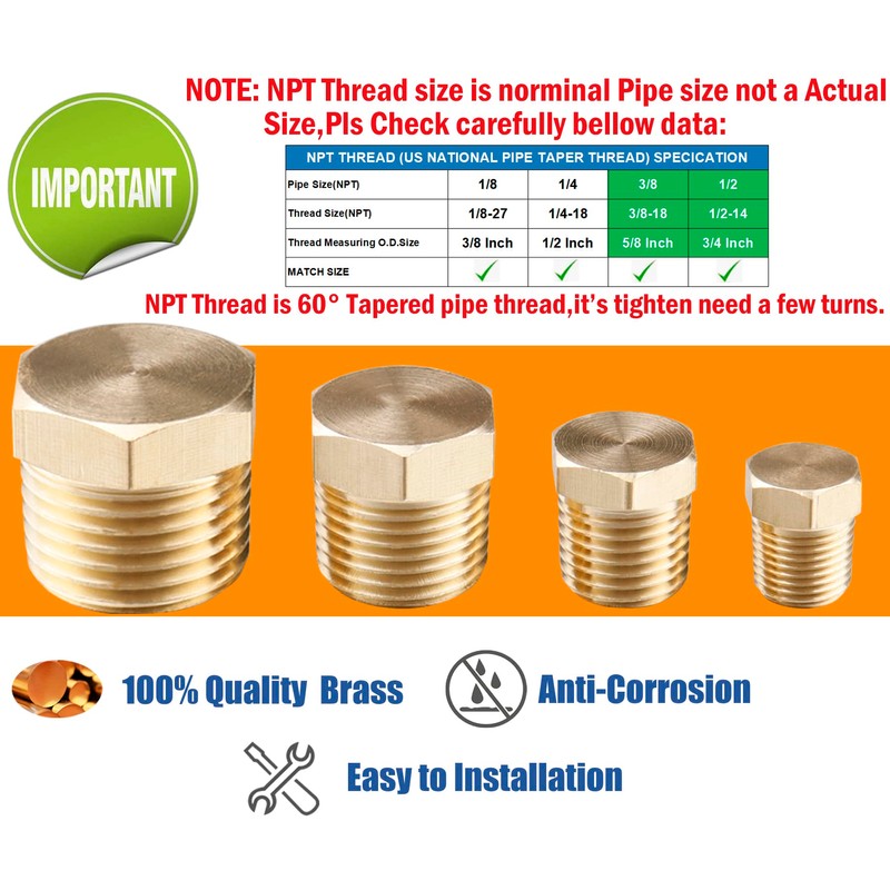 WHK 24 PCS Brass Hex Pipe Plug Fittings Kits,Brass Plugs