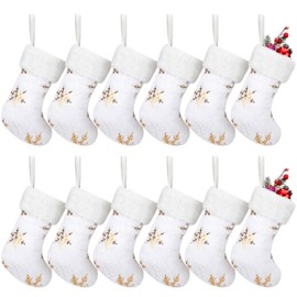 Glimin 12 Pcs 9 Inch Mini Christmas Stockings Bulk Faux Fur Small Plush Christmas Stockings with Glitter Snowflake for Family Xmas Holiday Party Hanging Decoration Decor Gift(White, Gold)