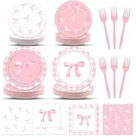 96 piezas de suministros de fiesta de lazo rosa, platos de fiesta de cumpleaños y servilletas, lazos rosados, decoraciones para niñas, despedida de soltera, compromiso, baby shower, vajilla linda para