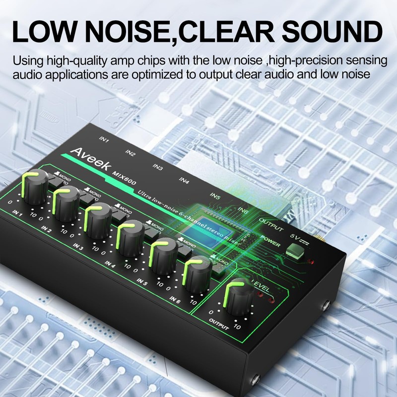 Aveek 6 Channel Mixer - Mini 6 Stereo Audio Mixer,