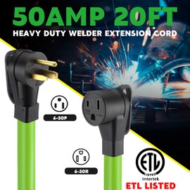 Kanayu 20FT 50Amp 6AWG Welder Extension Cord Compatible with NEMA 6-50P to 6-50R Power Extension for Welding Machines 50A 250Volt 3-Prong 6 Gauge Heavy Duty Welding Cable, ETL Listed(20 ft)