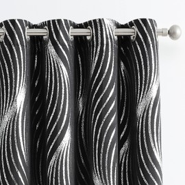 Xwincel 100% Blackout Curtains Black and Silver Foil Pattern Curtains 84 Inch Length for Living Room Metallic Silver Wave Print Drapes for Bedroom Thermal Insulated Grommet Window Curtains 2 Panel Set