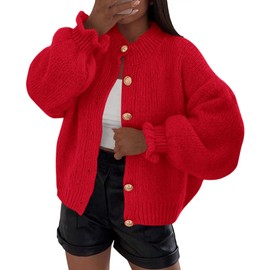 PRETTYGARDEN Womens Cropped Cardigans Trendy 2025 Ruffle Open Front Chunky Knit Sweater Oversized Button Down Fall Clothes (Red,Medium)