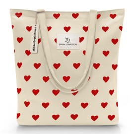 Emma Jonasson Jute Bag with Zip and Inner Pocket, Stylish Shopper for Women, Shopping Bag with Long Handle, Perfect Bag as Tote Bag, Fabric Bag, With hearts