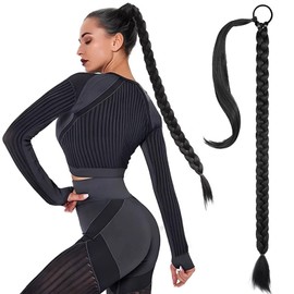 Braided Ponytail Hair Extensions 34Inch Long Braided Ponytail Extension with Hair Tie Straight Wrap Around Hair Extensions Ponytail Natural Soft Synthetic Hairpieces for Women Daily Wear (Black)