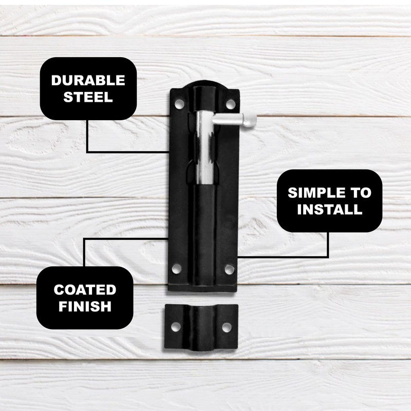 Primes DIY Heavy Duty Tower Bolt, Black, 10 Inch, Steel,