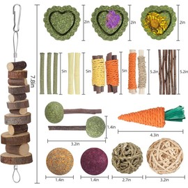 Rabbit Toys Guinea Pig Toys Hamster Toys Bunny Toys 18Pcs Natural Timothy Hay Sticks Apple Wood Sticks Chinchilla Toys for Teeth Care Handmade