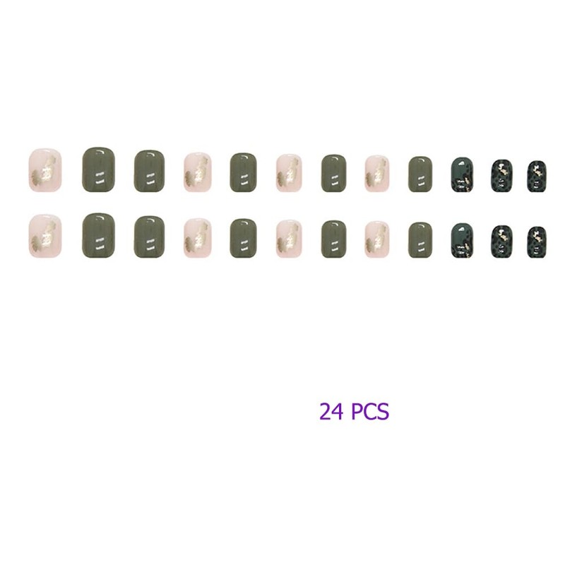 Green Press on Nails Short Coffin False Nail Glossy Square