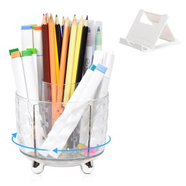 Marte Vanci Rotating Pen Pencil Holder, Clear Desk Makeup Organiser 360° Rotation Brush Holder with Phone Stand, Pen Pot Organiser 6 Slots Storage Caddy for Dressing Table Office Stationery Silver