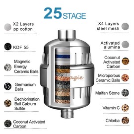 Filtro de Ducha Agua Universal de 25 Etapas - Incluye 3 Cartuchos de Filtro Reemplazable- Purificador de Agua para Elimina Cloro/Impurezas Olores Para Todo Tipo de Cabezas de Duchas y Regaderas Marca