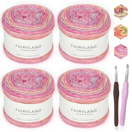 Reessy 4×100g Gradient Yarn Ombre Yarn Set - 60% Cotton 30% Acrylic 10% Wool for Crochet & Knitting DIY, Multicolor Rainbow Yarns Set Includes 2 Crochet Hooks