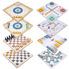 Eggsnow 8-in-1 Wooden Board Game Set for Kids Adults, Tabletop Combo Classic Travel Portable Board Games Collection with Chess, Checkers, Backgammon, Ludo, Snakes and Ladders & More