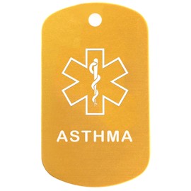 Asthma Medical Alert ID Necklace with Gold Tag, Yellow Silencer, and 30'' USA Chain - 154 Color Choices