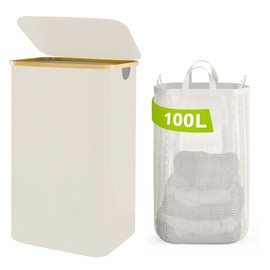 Laundry Hamper With Lid, 100L Tall Laundry Basket with Bamboo Handles Dirty Clothes Hamper with Inner Bag for Bedroom and Bathroom