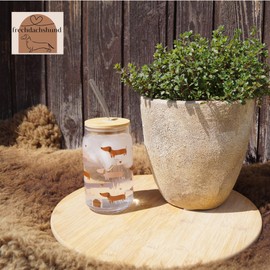 frechdachshund Dachshund Glass with Lid and Straw, 500 ml, Glasses with Wooden Lid, Drinking Glass with Straw and Bamboo Lid for Any Type of Hot and Cold Drinks