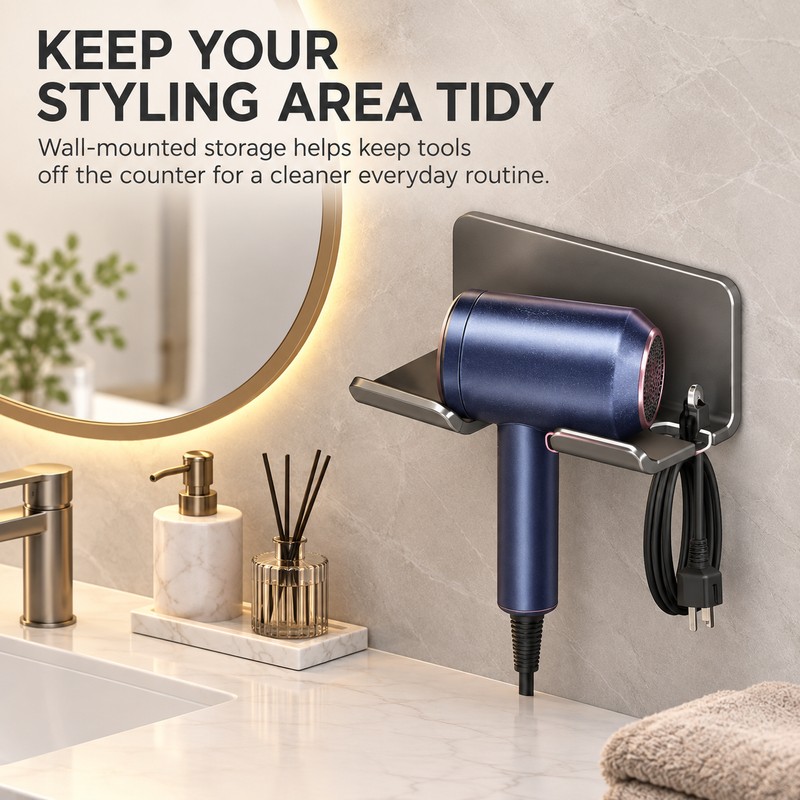 Hair Dryer Wall Holder for Bathroom – No-Drill Aluminum Storage
