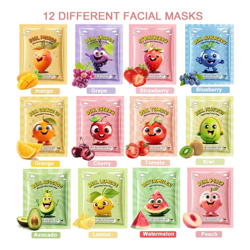 Paquete De 12 Mascarillas Faciales De Frutas Para Niños, Mas