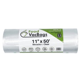 FoodVacBags 11" X 50' Metallic & Clear Embossed Vacuum Seal Roll Bag, Commercial Grade, Make Own Size, Food Storage, Display (11" x 50')