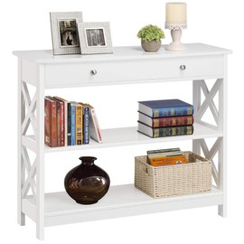 Yaheetech X-Frame Sofa Side Console Table with 1 Drawer and 2 Storage Shelves, 3 Tier Narrow Accent Table for Entryway/Hallway/Living Room, 39in L x 12in W x 31.5in H, White