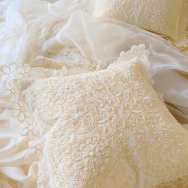 Minoki Floral Beaded Throw Pillow Cover Embroidery French Style Pillowcase Shabby Rustic Cushion Cover,Cream White,18x18 Inch,Set of 2, for Housewarming & Weddings