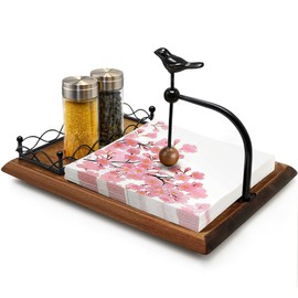 Elegant Flat Wooden Napkin Holder with Bird Design, Multifunctional Napkin Holder for Table, Kitchen, Outdoor Use Walnut Brown Wood Base Includes Space for Salt and Pepper Shakers