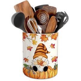 pinata Fall Kitchen Decor Ceramic Utensil Holder, Farmhouse Fall Gnome Pumpkin Utensils Holder, Ceramic Utensils Crock for Rustic Indoor Kitchen Decorations(6.3 Inches)