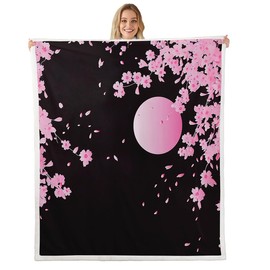 Cherry Blossoms Sherpa Blanket Japanese Plush Pink Moon Flowers Fleece Throw for Kids Adults Exotic Fuzzy Ultra Soft Black Bed Couch Chair Room Decor Twin 60x80 Inch