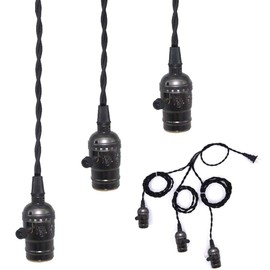 WUYOR Vintage Triple Light Sockets Pendant Light Kit Cord E26 Industrial Hanging Lamp Cord 15.9 FT Twisted Black Cloth Bulb Cord Plug in Hanging Light Fixture