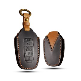 SANRILY Handmade Leather Key Fob Cover for Lincoln 2017 2018 2019 2020 2021 MKC MKX MKZ Continental Navigator 2019 2020 Nautilus 5 Button Smart Key Keyless Keychain Holder Black