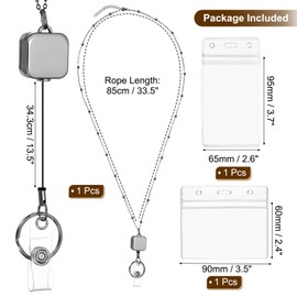 PATIKIL Badge Necklace Lanyard with ID Holder,304 Stainless Steel Retractable Square Badge Reel Lanyard Clip Chain with 1 Set ID Holder for Woman Office ID Card Key,Black