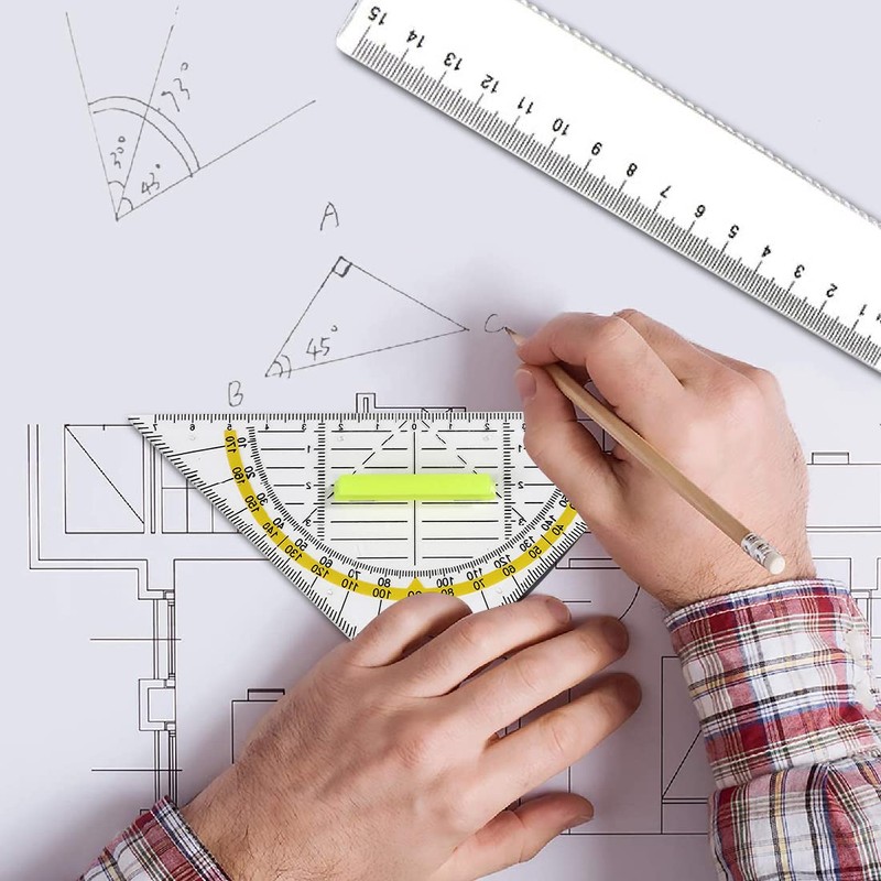 Pack of 2 Plastic Rulers, 2 Triangle Rulers, Ruler Transparent