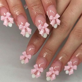 24Pcs Almond Press On Nails，Almond Shaped Press On Nails，Almond Nails Press On， White French Tip Almond Nails Medium Fake Nails with Cute Pink Bow Designs Artificial Nails Stick on Nails For Women