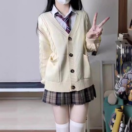 TYYRBMG Women's School Cardigan, V-Neck, with Pockets, JK Uniform, Sweater, Knit, Long Sleeve, Solid Colors, Spring/Autumn/Winter, Plus Size, Women, Students, Tops, Loose, Simple, Lightweight, Cooling