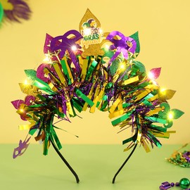 Urieo Mardi Gras Light up Headband Glitter Carnival Headbands with LED Lights Fleur De Lis Rave Costume Party Glow in the Dark Headpiece for Women