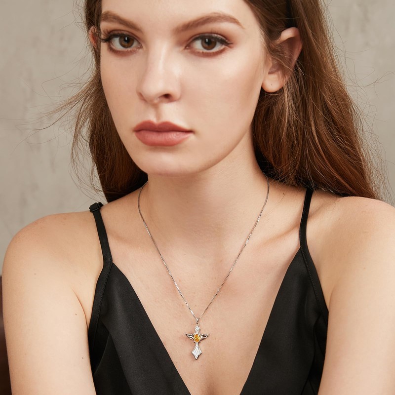 Angel Wing Cross Necklace Birthstone Cross Pendant Necklace for Women