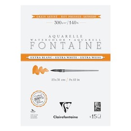 Clairefontaine Fontaine 976020C Watercolour Paper Pad Extra White and Satinised 4-Sided Glued 15 Sheets 300 g 23 x 31 cm Pack of 1