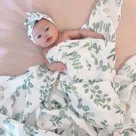 LifeTree Newborn Swaddle Set with Matching Hat and Headband Bow, Wooden Birth Announcement Card, Muslin Baby Swaddle Blankets for Boys & Girls, Eucalyptus Pattern