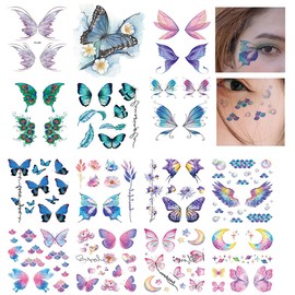 Yesallwas Butterfly Tattoo Stickers, Butterfly, Blue, Purple, Pink, Set of 14, Sparkling Butterfly, Butterfly Stickers, Tattoo Stickers, Realistic Waterproof, Long Lasting, Japanese Carved, Tattoo