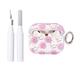 Reownest AirPods Pro 2nd/1st Generation Case with Cleaning Kit, Cute Transparent Floral Floral Pattern Shockproof with Keychain for AirPods - Pink