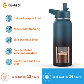 CIVAGO 40 oz Insulated Water Bottle With Straw, Stainless Steel Sports Water Flask Cup with 3 Lids (Straw, Spout and Handle Lid), Double Walled Travel Thermal Canteen Mug, Lavender